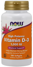 Load image into Gallery viewer, Now Foods Vitamin D3 1000 iu 180 softgel